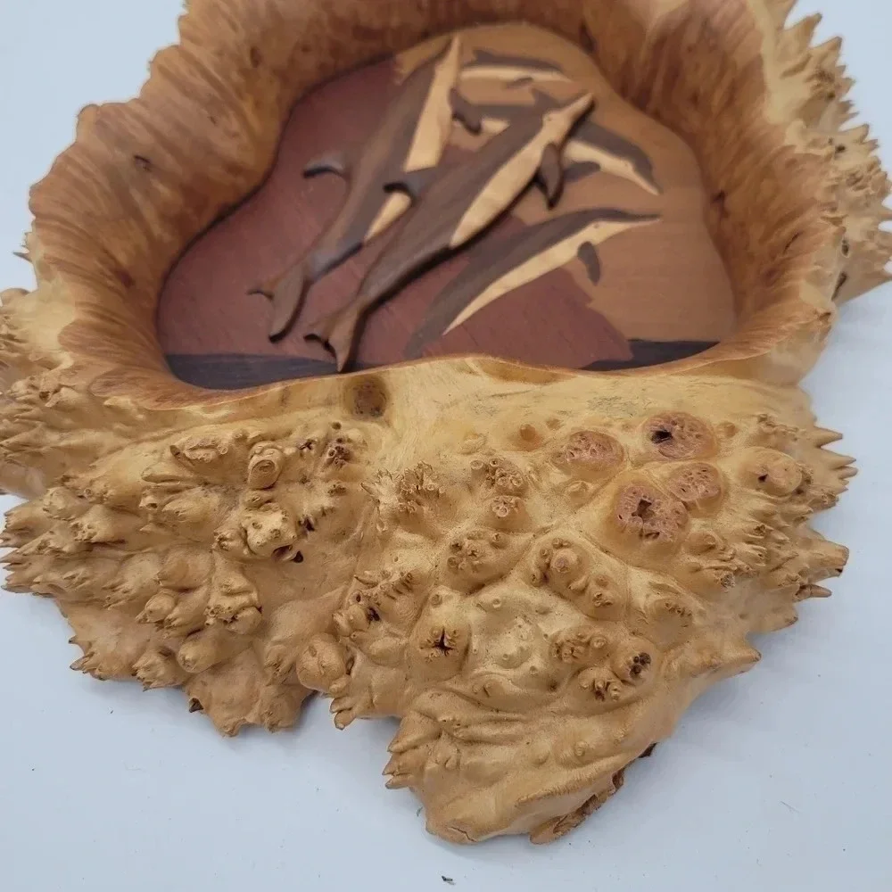 Dolphins In Burl Scott Leech Wooden Sculpture Mosiac Natural Signed 14